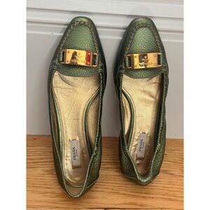 Prada Metallic Olive Leather Plaque‎ Loafers EU 36 Vintage Y2K Made Italy